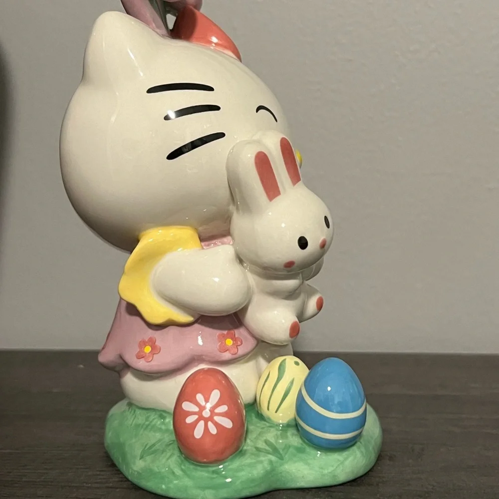 Cute Kitty Figurine with Bunny and Eggs